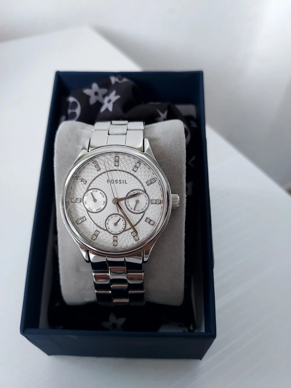 Fossil Women Silver Stainless Steel Chronograph Watch with Textured Dial